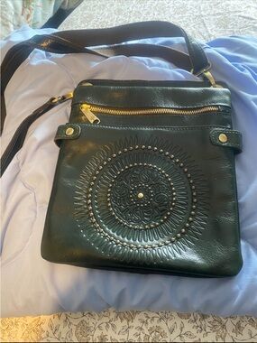 Patricia Nash Dark Green Embossed Leather Crossbody 11 inches high 9 1/2 long